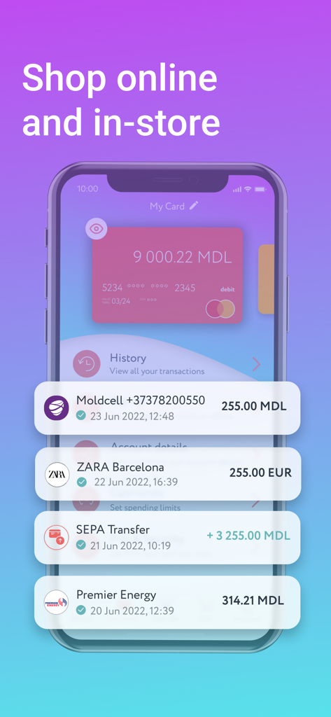 Paynet Wallet mobile app screen showing a debit card and a list of recent transactions in various currencies