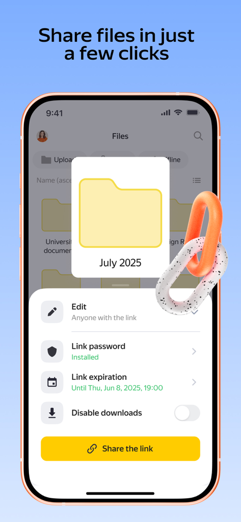 Yandex Disk app interface showing secure file sharing options including link passwords and expiration dates.