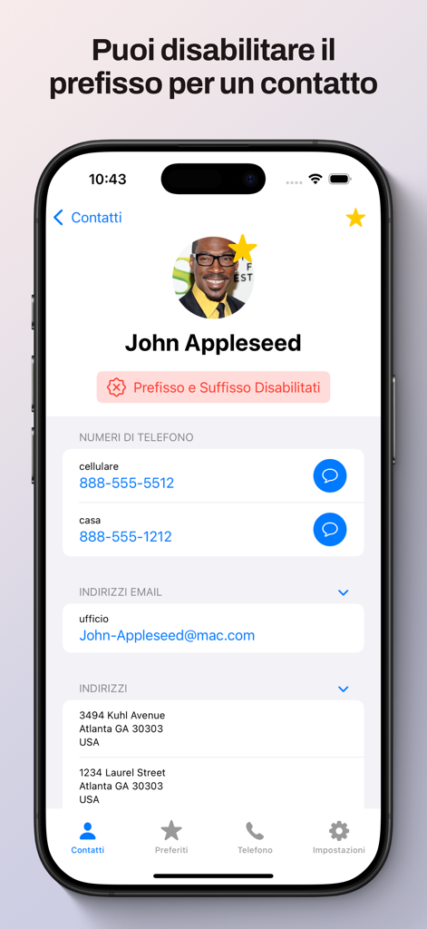 Contact details screen in the Corporate Call app showing prefix and suffix disabled for a specific contact.