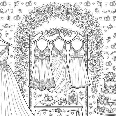 Step into a world of bridal elegance with this charming coloring page featuring beautiful chemises and delightful wedding elements. Perfect for celebrating love and fashion, this intricate design awaits your creative touch.
