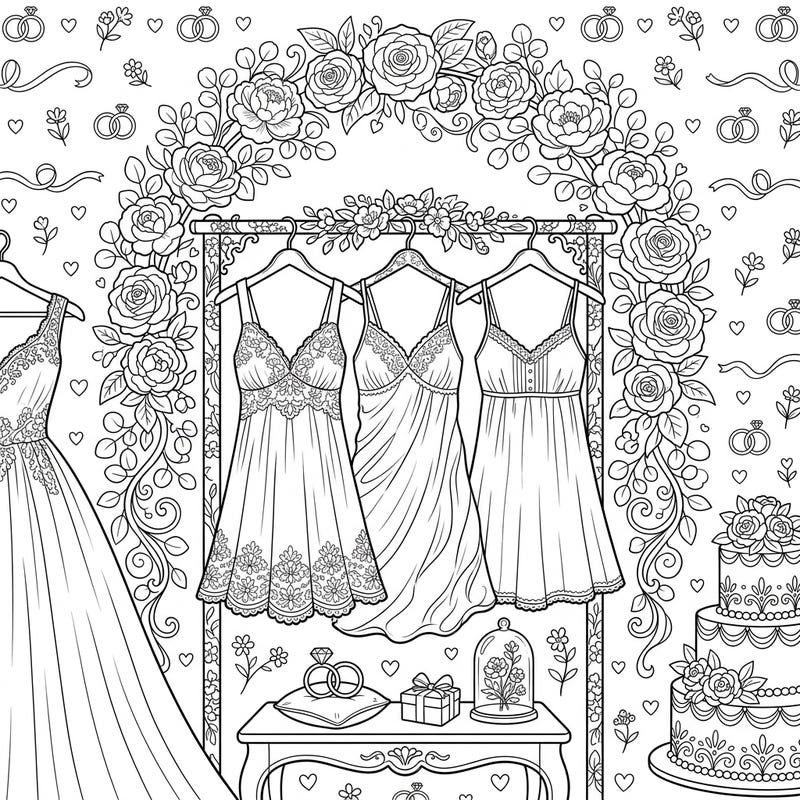 Step into a world of bridal elegance with this charming coloring page featuring beautiful chemises and delightful wedding elements. Perfect for celebrating love and fashion, this intricate design awaits your creative touch.