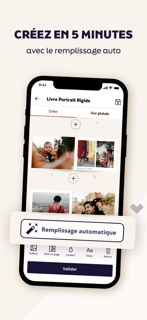 Interfaccia dell'app mobile di Photoweb che mostra la funzione di riempimento automatico del fotolibro con foto di famiglia