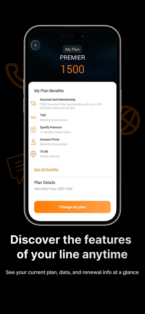 My Orange Egypt - Interface of My Orange Egypt app displaying PREMIER plan details and mobile line benefits