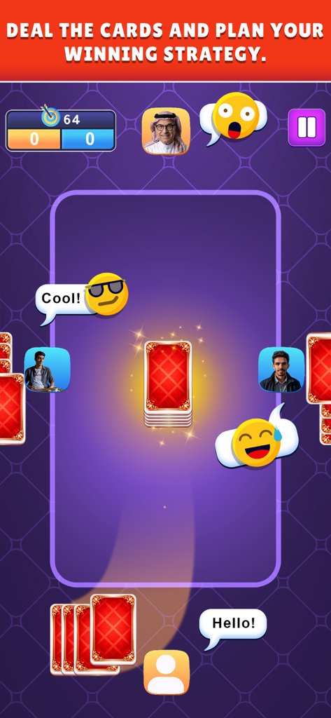 Tarneeb Online - Tarneeb Online mobile game interface showing players dealing cards and using social emojis during a match.