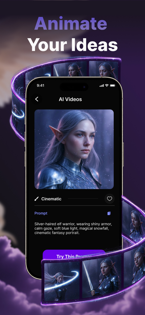 Muse: AI Video,Photo Generator - Interface of Muse AI app generating a cinematic fantasy video of an elf warrior from a text prompt