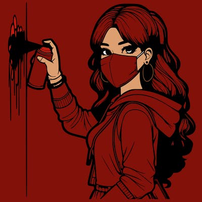 realistic girl with mask spray painting a wall