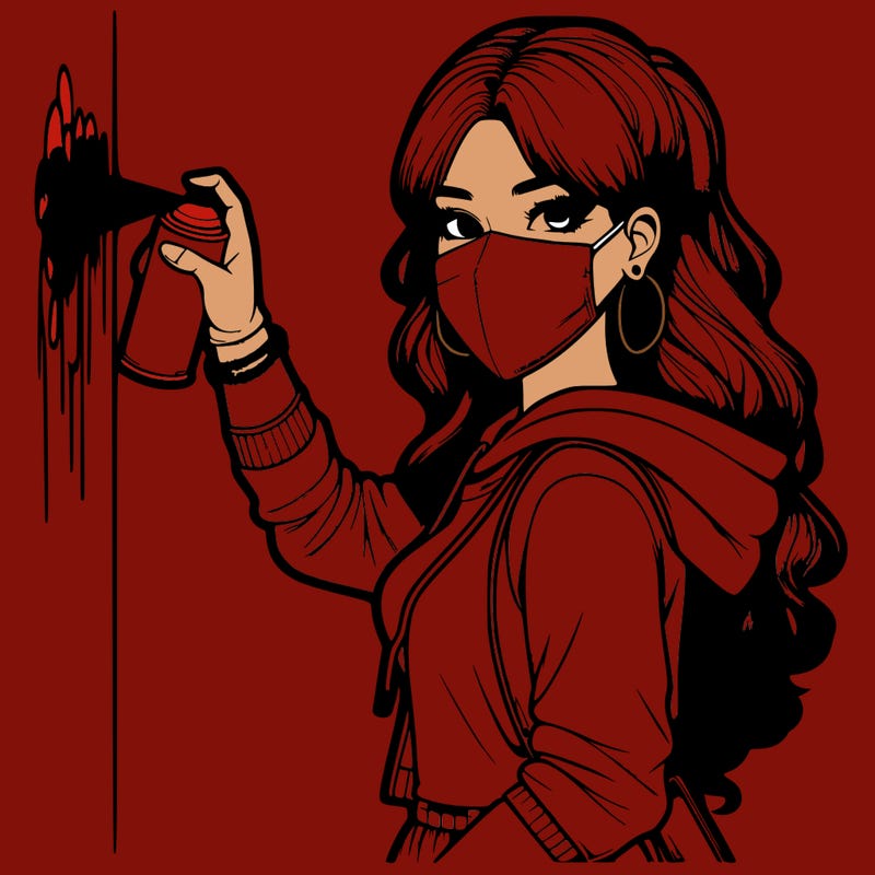 realistic girl with mask spray painting a wall