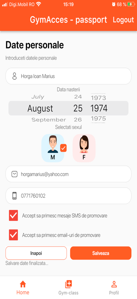 GymAcces Passport - Schermata di registrazione dei dettagli personali nell'app GymAcces Passport