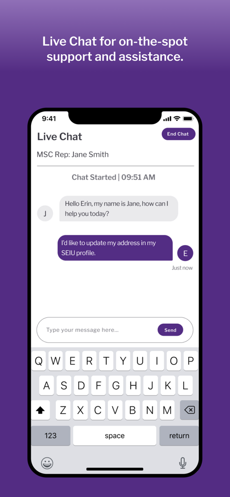 SEIU Healthcare - Screenshot of the SEIU Healthcare app showing a live chat session for on-the-spot support and assistance.