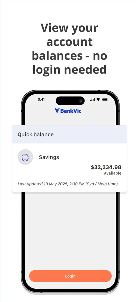 BankVic mobile app screenshot showing the quick balance feature to view account balances without logging in.