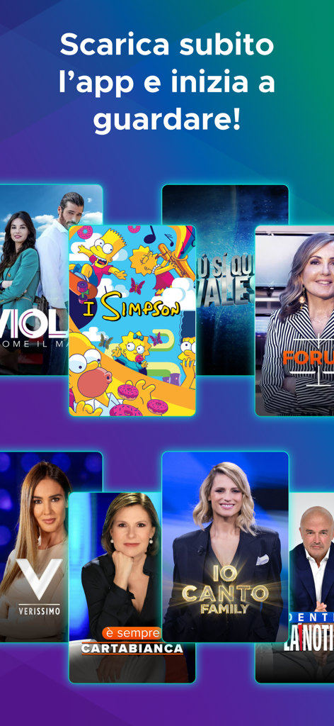 A selection of Italian TV shows and programs available on the Mediaset Infinity streaming app.