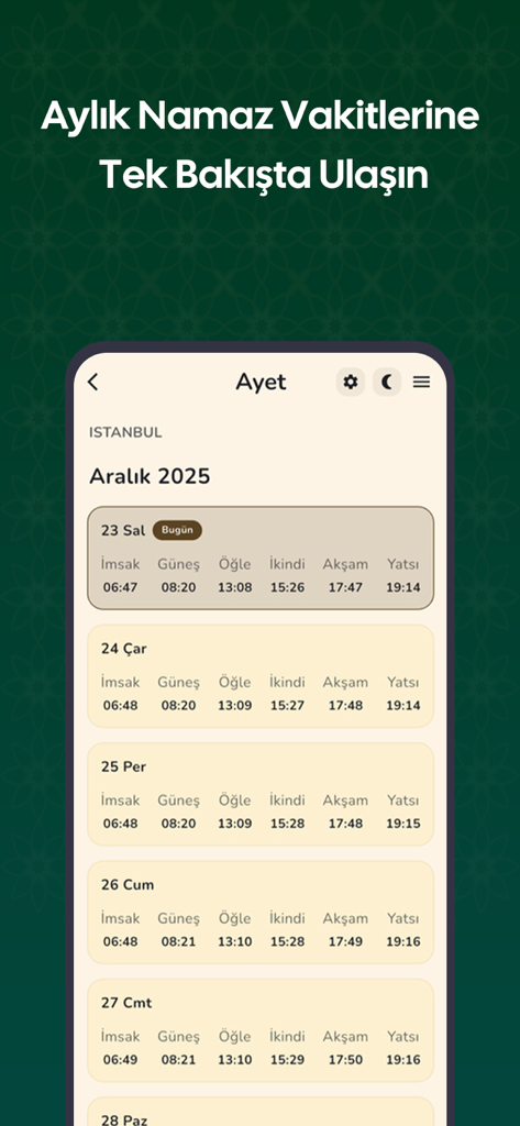 Ayet Online – Kur’an-ı Kerim - Captura de pantalla de la aplicación Ayet Online que muestra una lista mensual moderna de horarios de oración islámica para Estambul.