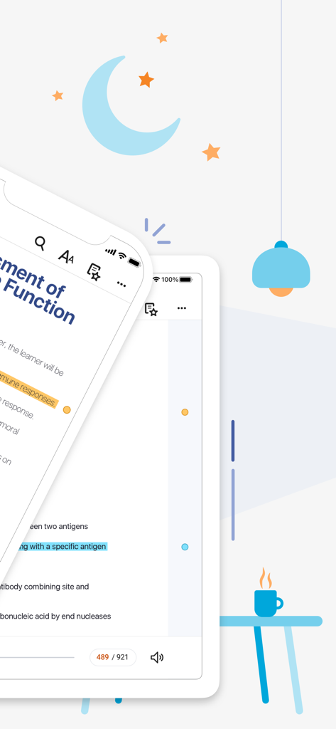 ClinicalKey Student Bookshelf App, die markierte medizinische Lehrbuchseiten auf einem Smartphone und Tablet zeigt