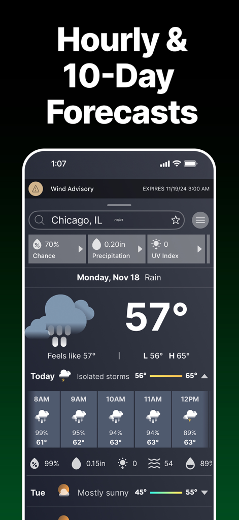 SKAI app displaying detailed hourly and 10 day weather forecasts for Chicago