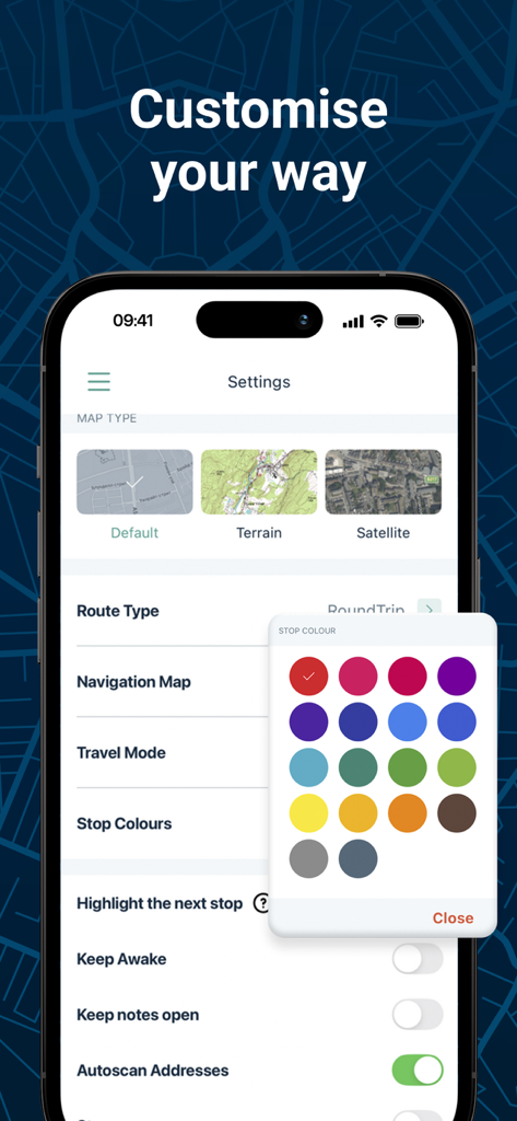 Delm8 City Navigation, Maps UK - Delm8 app settings screen showing map type selection and a color palette for stop customization