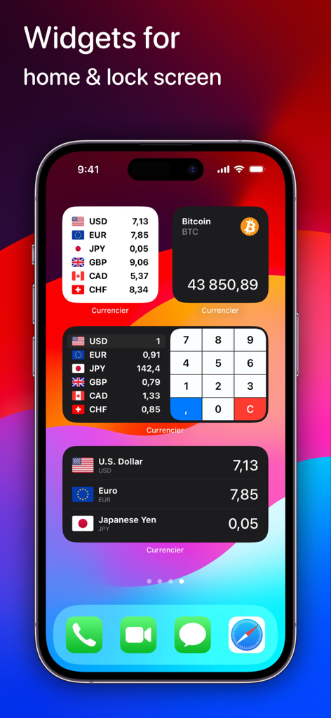 iPhone home screen displaying various Currencier widgets for fiat currency exchange rates and Bitcoin price tracking.
