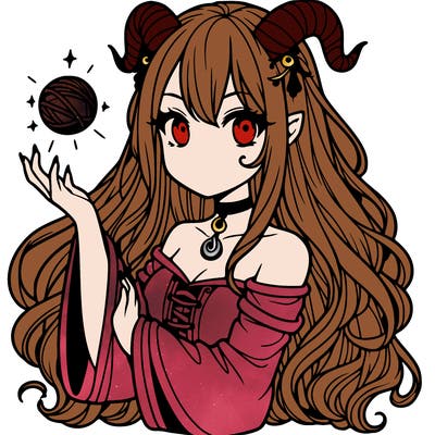 long haired girl with horns and magic orb in her hand