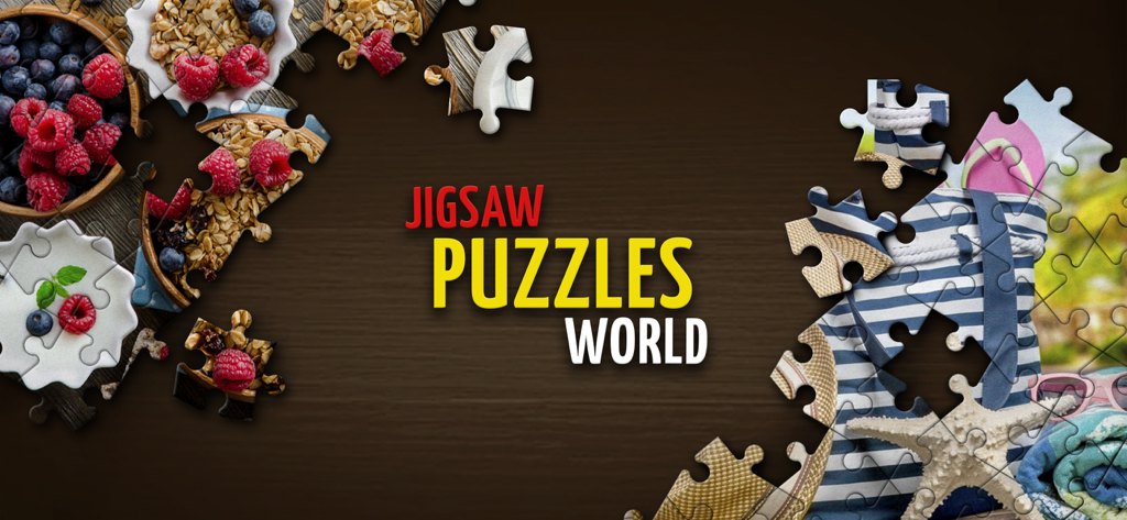 Jigsaw Puzzles World - Jigsaw Puzzles World mobile app banner showing colorful puzzle pieces on a wood background