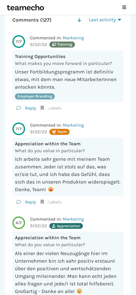 teamecho - The teamecho app interface displaying a list of anonymous employee feedback and comments.