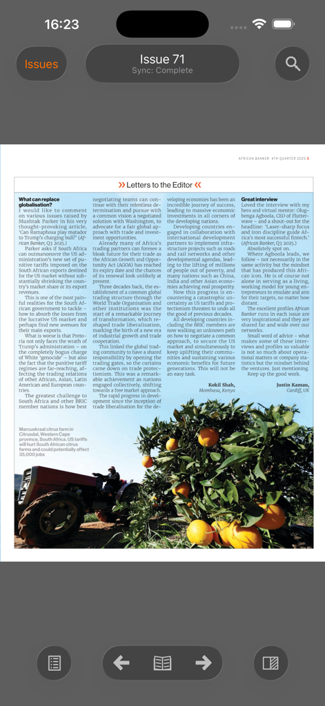 African Banker - A screenshot of the African Banker app showing a magazine article page with letters to the editor.