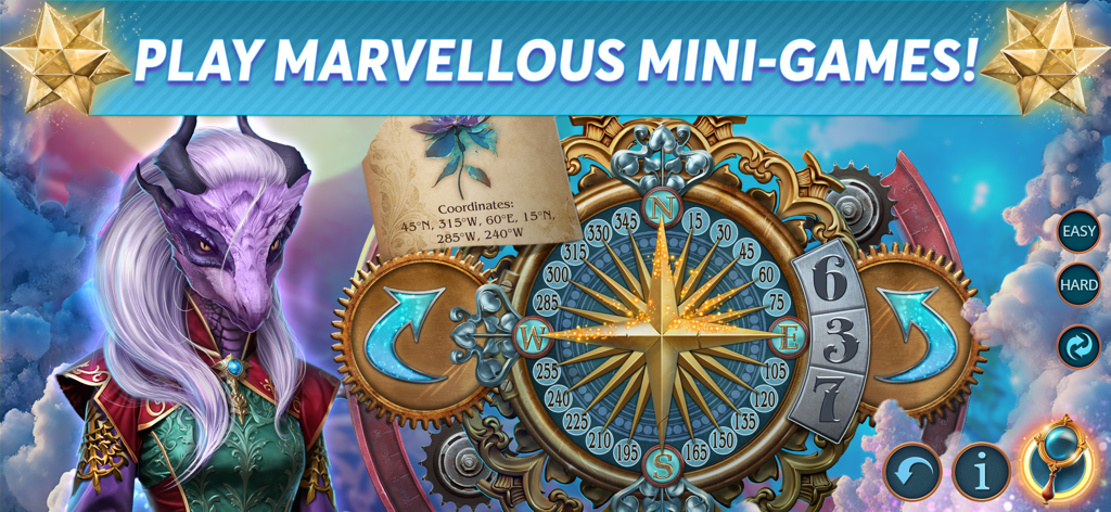 Maze of Realities: Synergy F2P - A steampunk compass puzzle mini-game in Maze of Realities Synergy featuring a fantasy character