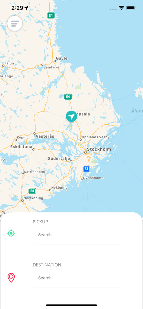 Tider Taxi - Pantalla de reserva de Tider Taxi mostrando un mapa con barras de búsqueda de punto de recogida y destino
