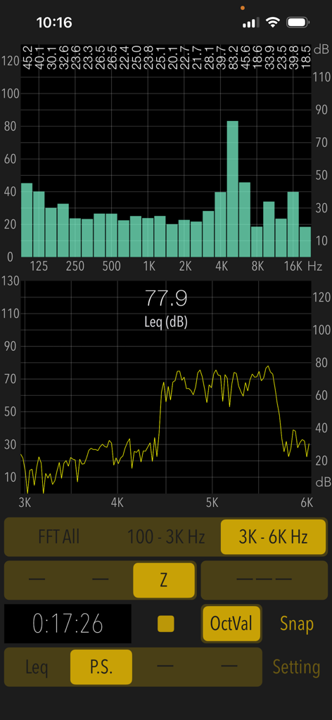 Sound Level Analyzer PRO - Interface of Sound Level Analyzer PRO app showing real-time FFT spectrum and 1/3-octave band analysis graphs.