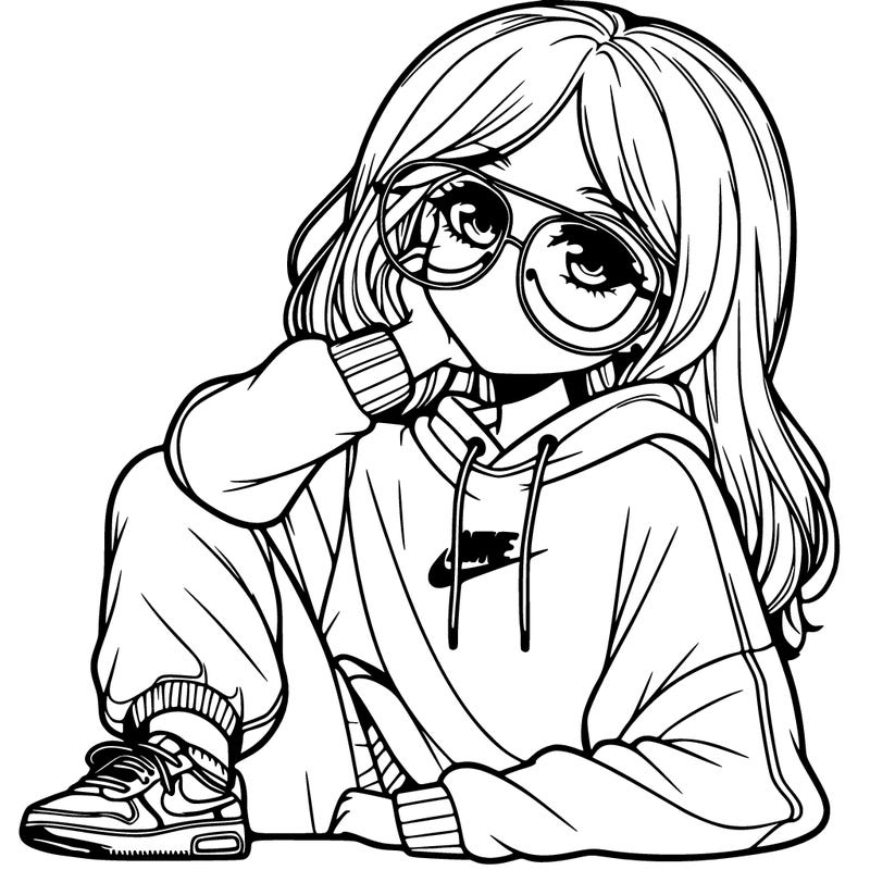 leckteano pretty girl with clear glasses and nike sweater on and gray comfy pants on