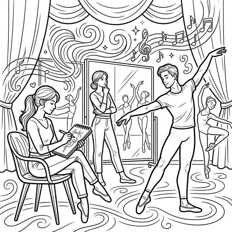 Capture the elegance and artistry of ballet creation with this unique coloring page featuring choreographers at work. Immerse yourself in a world of graceful movement and creative design, perfect for all ages.