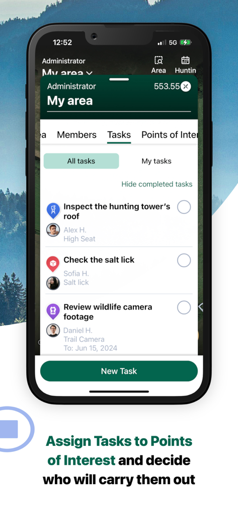 A smartphone screen showing the MyHunt app task management interface with a list of maintenance duties for a hunting area.
