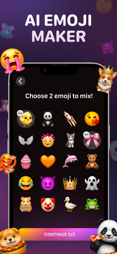 Merge & Mix Emoji: Mixermoji - AI Emoji Makerというタイトルのモバイルアプリのインターフェース。選択・ミックスする様々な絵文字のグリッドを表示。