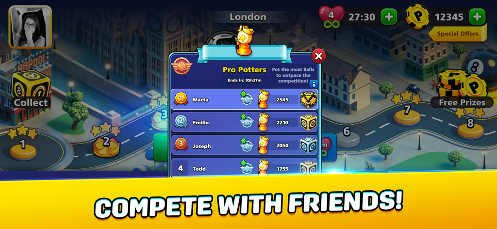 Pool Trickshots - Leaderboard screen in Pool Trickshots showing the Pro Potters rankings and the London city map