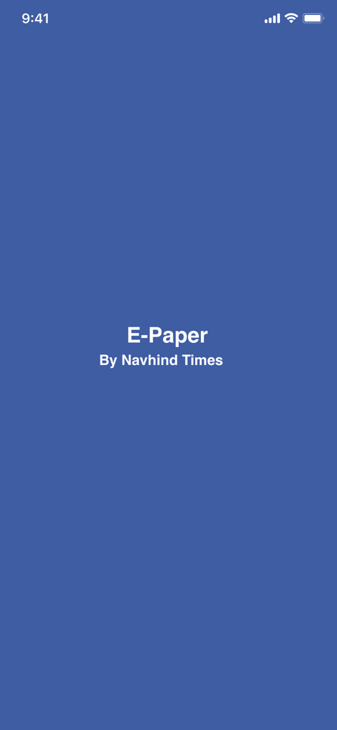 The splash screen of the Navhind Times E-Paper mobile app featuring white text on a blue background