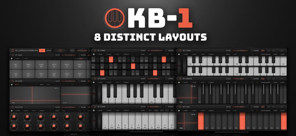KB-1 키보드 스위트 스크린샷, 음악 제작을 위한 8가지 다른 MIDI 컨트롤러 레이아웃 표시