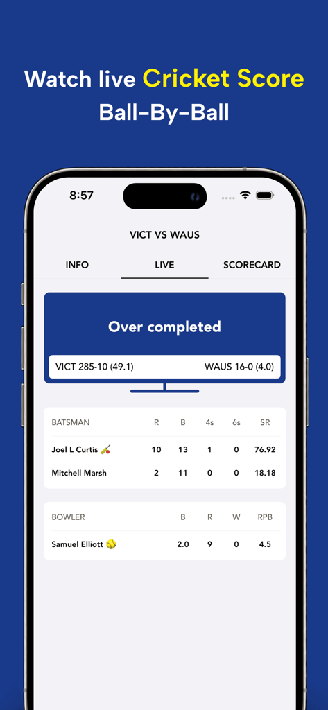 CricFy TV : Live Cricket TV - Interfaz de la aplicación móvil CricFy TV mostrando una tarjeta de puntuación de partido de cricket en vivo con estadísticas detalladas de los jugadores