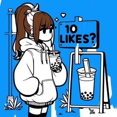 girl with oversized hoodie drinking boba and she has a high ponytail with a sign that says 10likes?