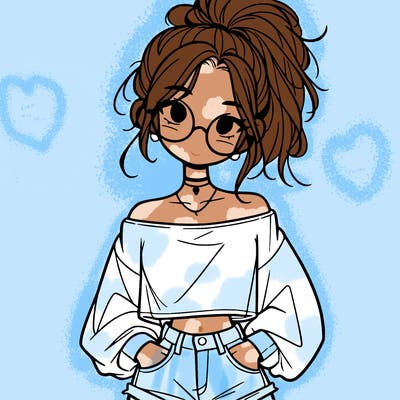 girl with a messy ponytail glasses a baggy crop top and jean shorts