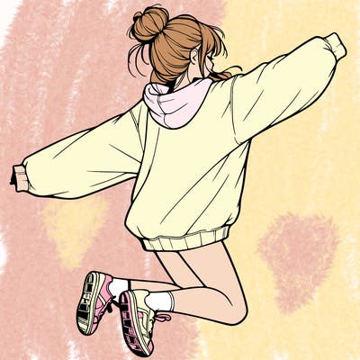 realistic girl jumping with a bun and oversized sweatshirt
