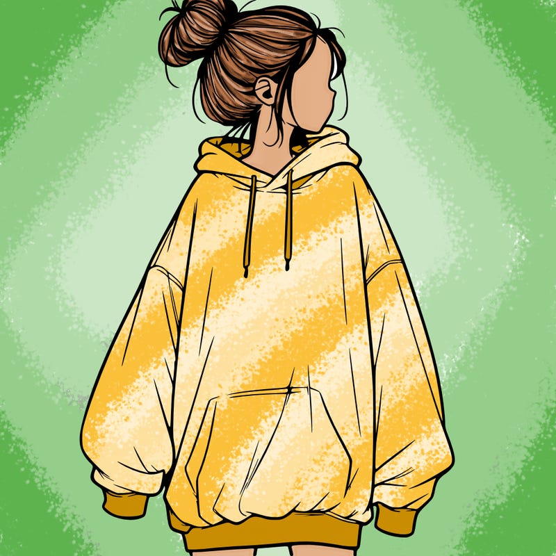 realistic girl with a oversized sweatshirt on and a bun