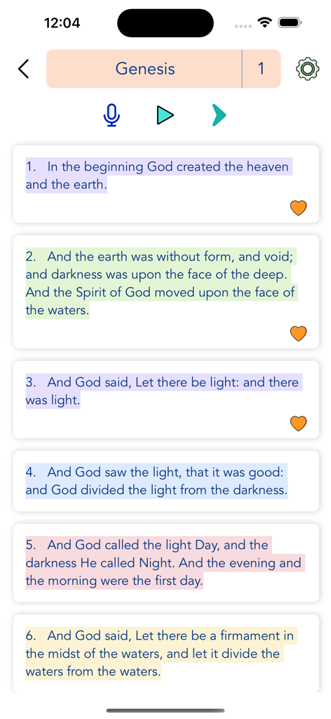 Holy Bible - Offline - Reading interface of the Holy Bible Offline app showing Genesis chapter 1 with highlighted verses and navigation buttons
