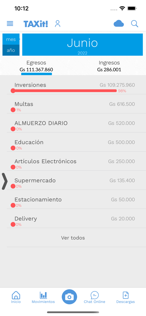 TAXit! - Mobile dashboard of TAXit app showing monthly income and expenses categorized by type