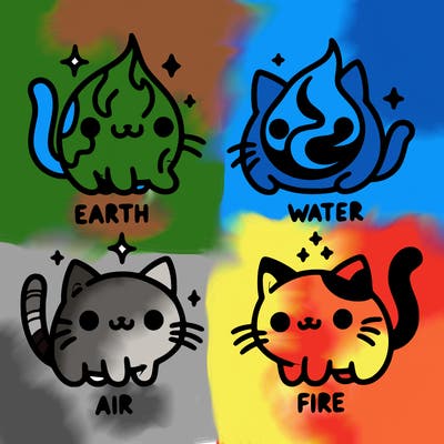 4 cats that represent the different elements, earth, water, air, and fire