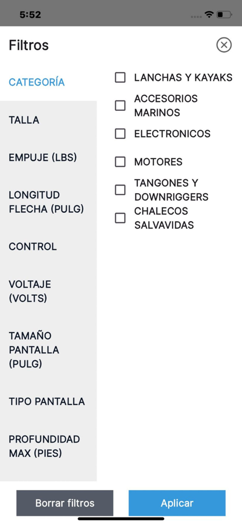 Curricanes.com - Mobile app screen showing product filter options for fishing and marine categories like boats and electronics