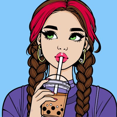 realistic girl with braided hair drinking boba