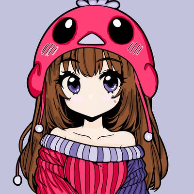 anime girl with chick shaped hat with sweater with bare shoulders with bangs covering them one eye with low tail