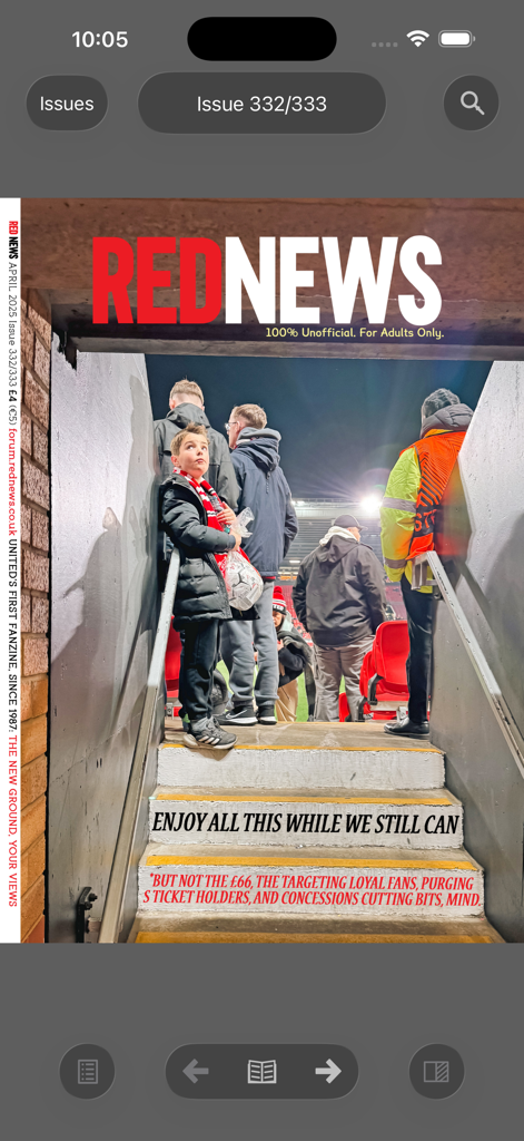 Red News Fanzine - La couverture du fanzine Red News montrant un jeune fan de Manchester United dans les escaliers du stade avec des titres satiriques.