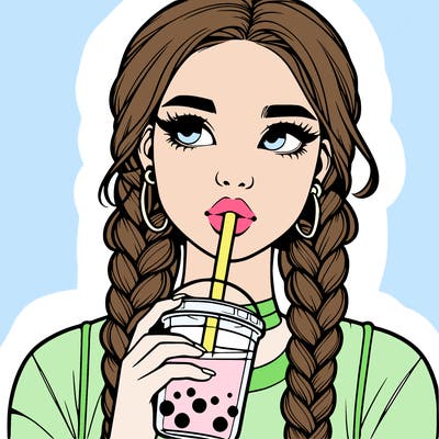 realistic girl with braided hair drinking boba