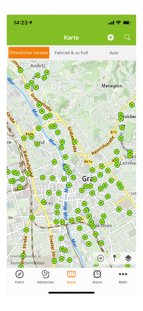 Map view of the BusBahnBim app showing public transportation stops in Graz Austria