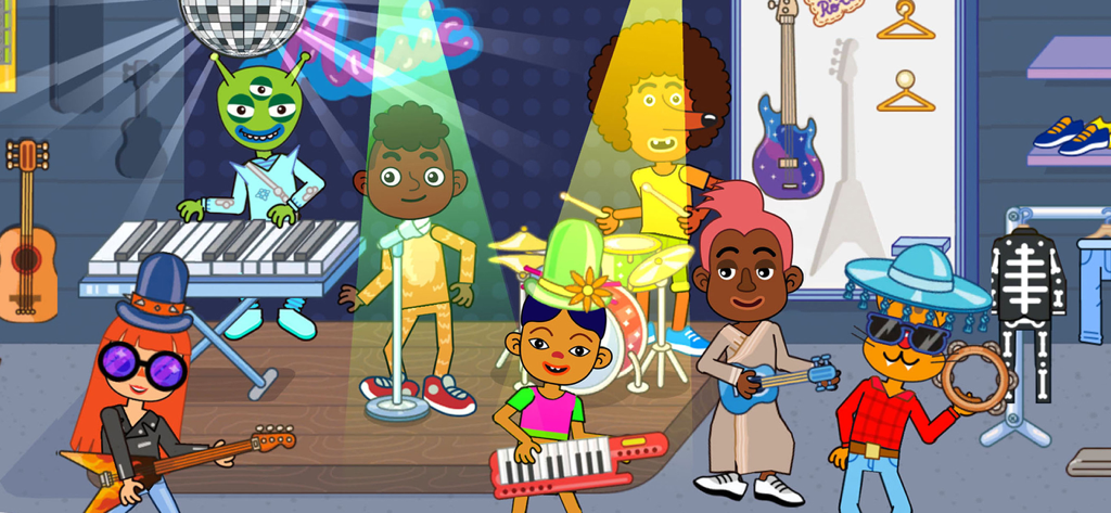 Diversos personagens e um alienígena tocando instrumentos musicais em um palco em um shopping