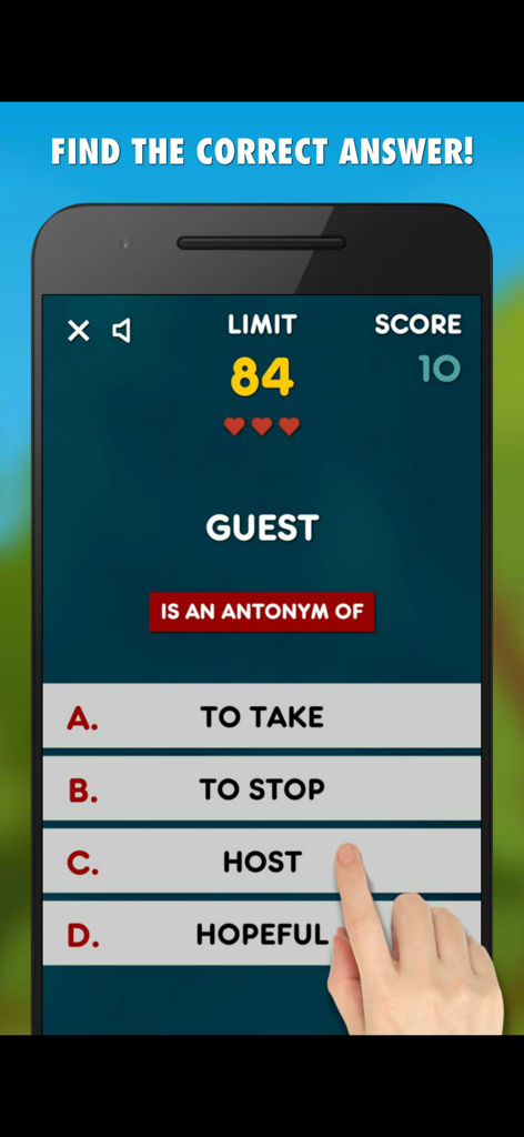 Antonyms Game - A hand selecting the word host as the antonym for guest in a mobile vocabulary game